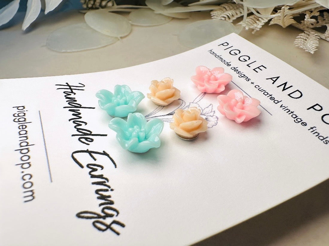 Flower Earring Stud Set in Pastel Shades- Pink Peach and Mint