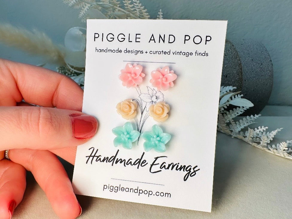 Flower Earring Stud Set in Pastel Shades- Pink Peach and Mint