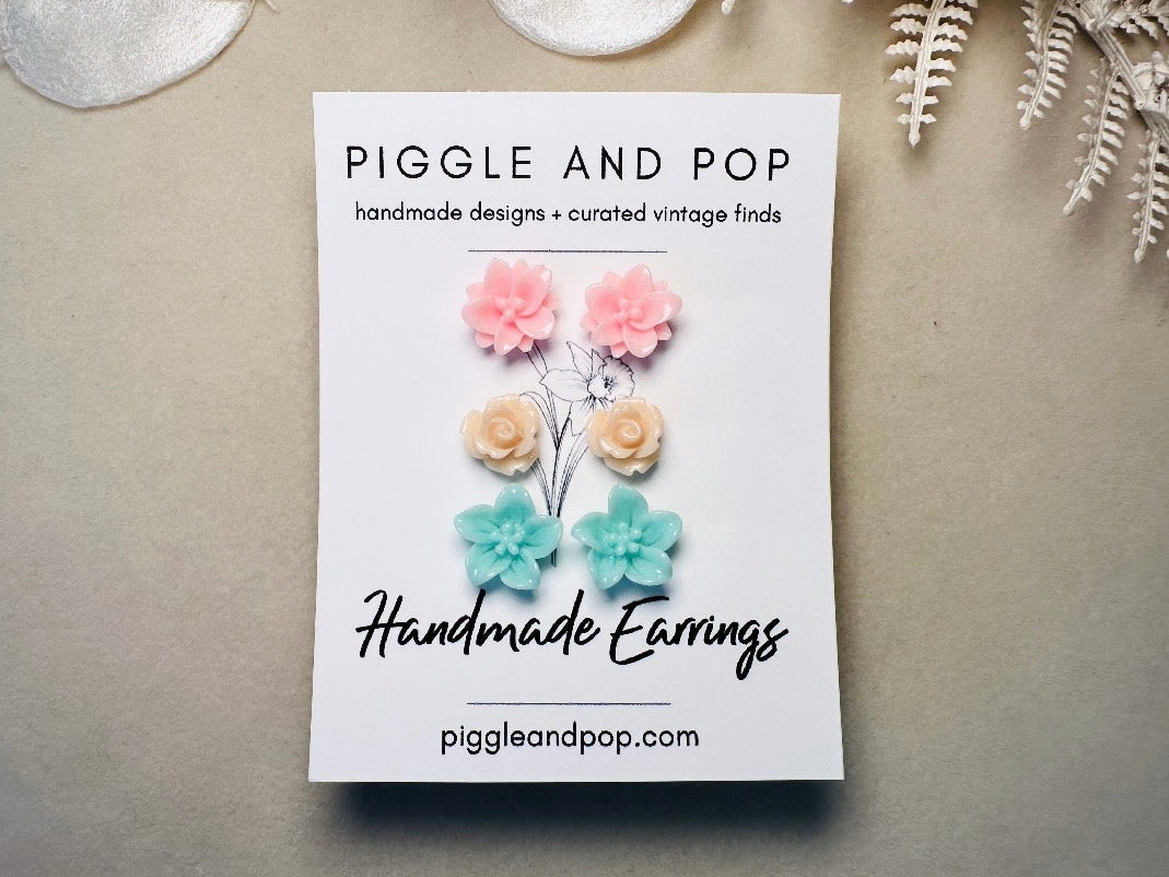 Flower Earring Stud Set in Pastel Shades- Pink Peach and Mint