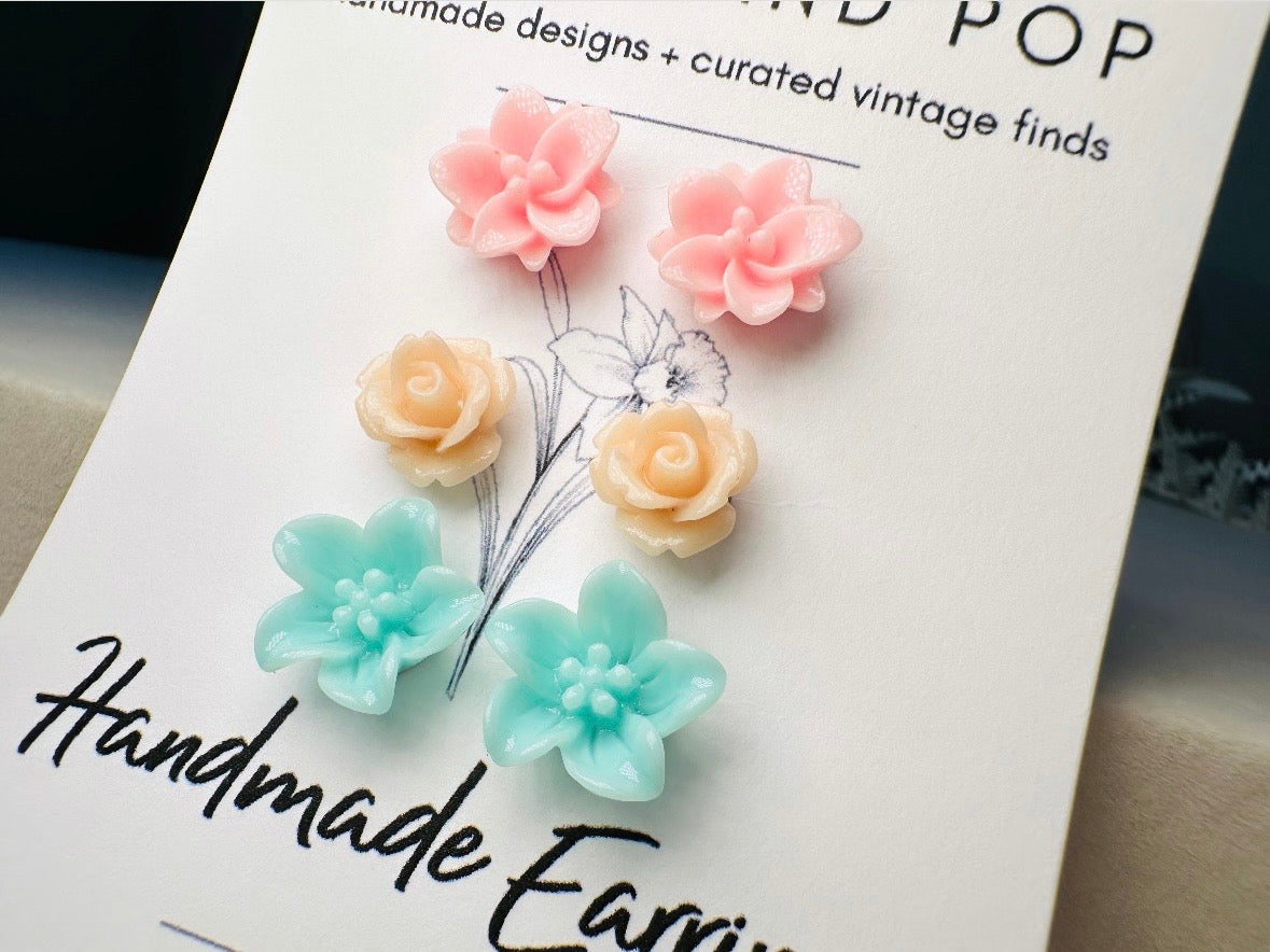 Flower Earring Stud Set in Pastel Shades- Pink Peach and Mint