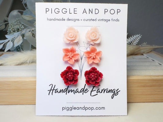 Flower Earrings Gift Set in Pink Peach and Red, Handmade Cherry Blossom Hypoallergenic Surgical Steel Post Earrings
