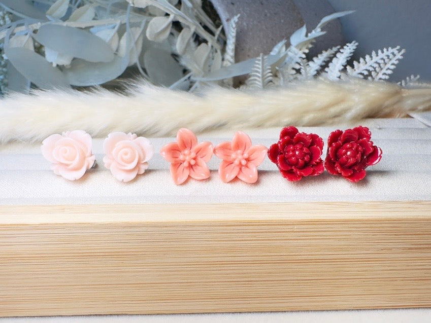 Flower Earrings Gift Set in Pink Peach and Red, Handmade Cherry Blossom Hypoallergenic Surgical Steel Post Earrings