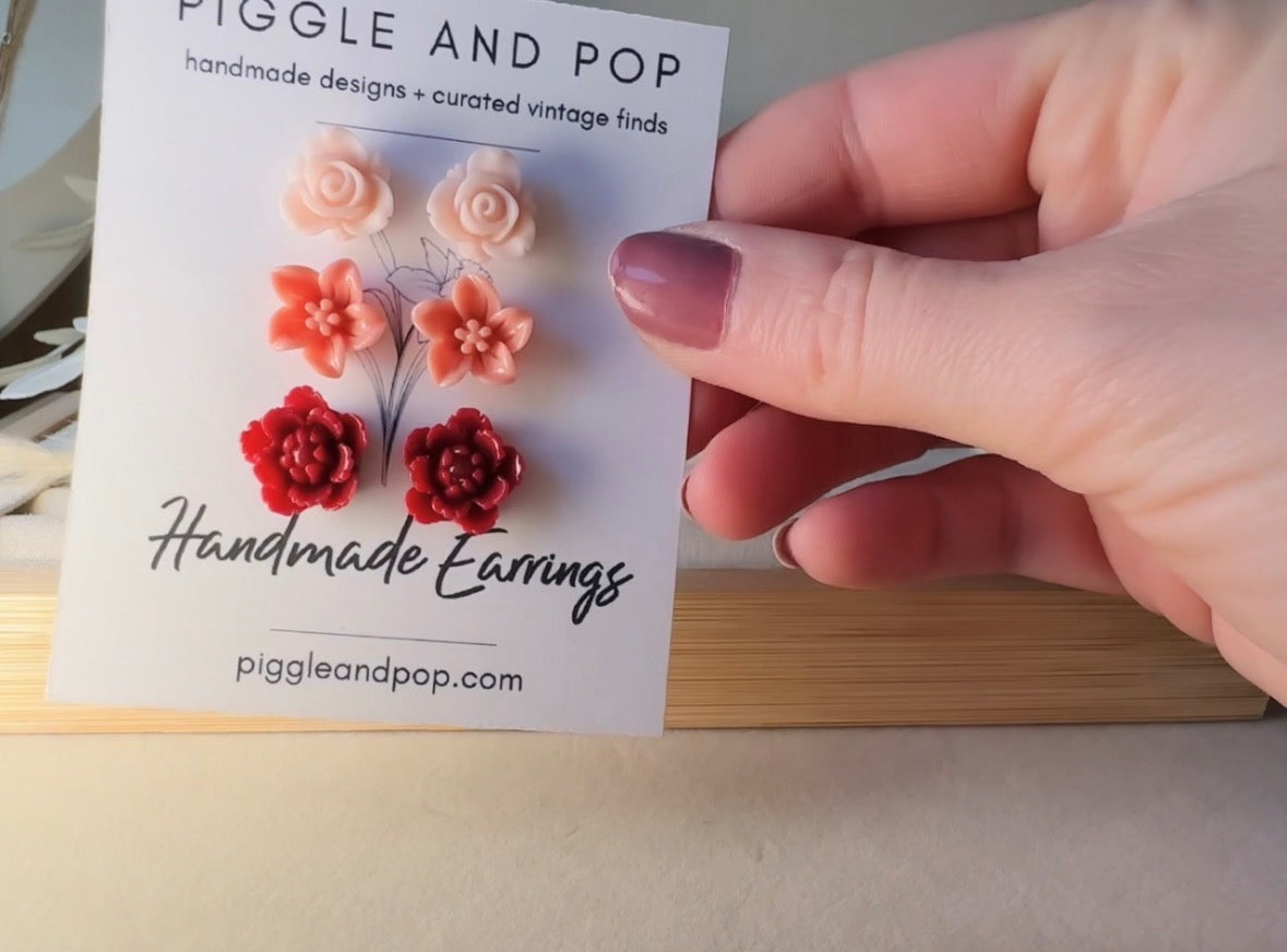 Flower Earrings Gift Set in Pink Peach and Red, Handmade Cherry Blossom Hypoallergenic Surgical Steel Post Earrings