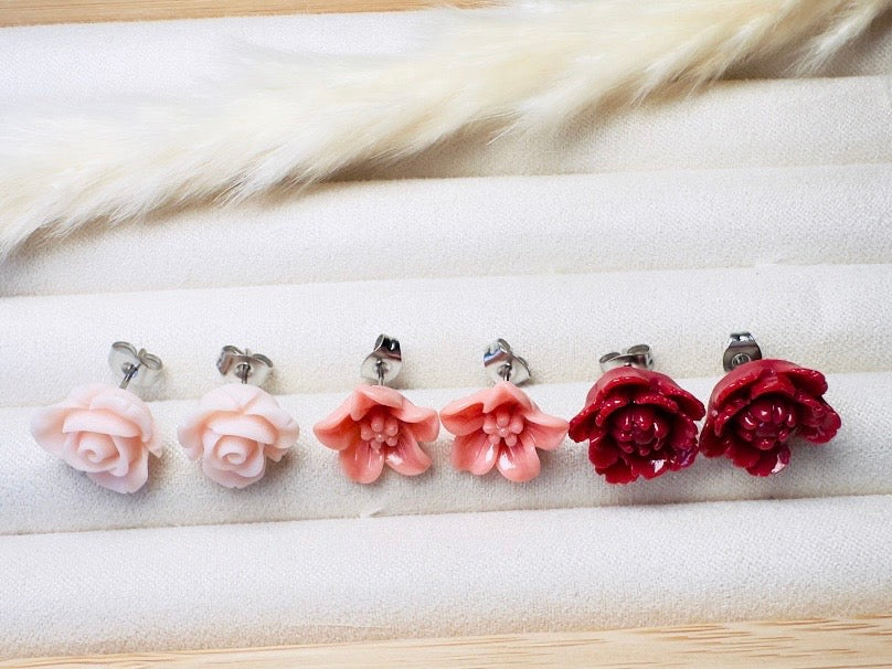 Flower Earrings Gift Set in Pink Peach and Red, Handmade Cherry Blossom Hypoallergenic Surgical Steel Post Earrings