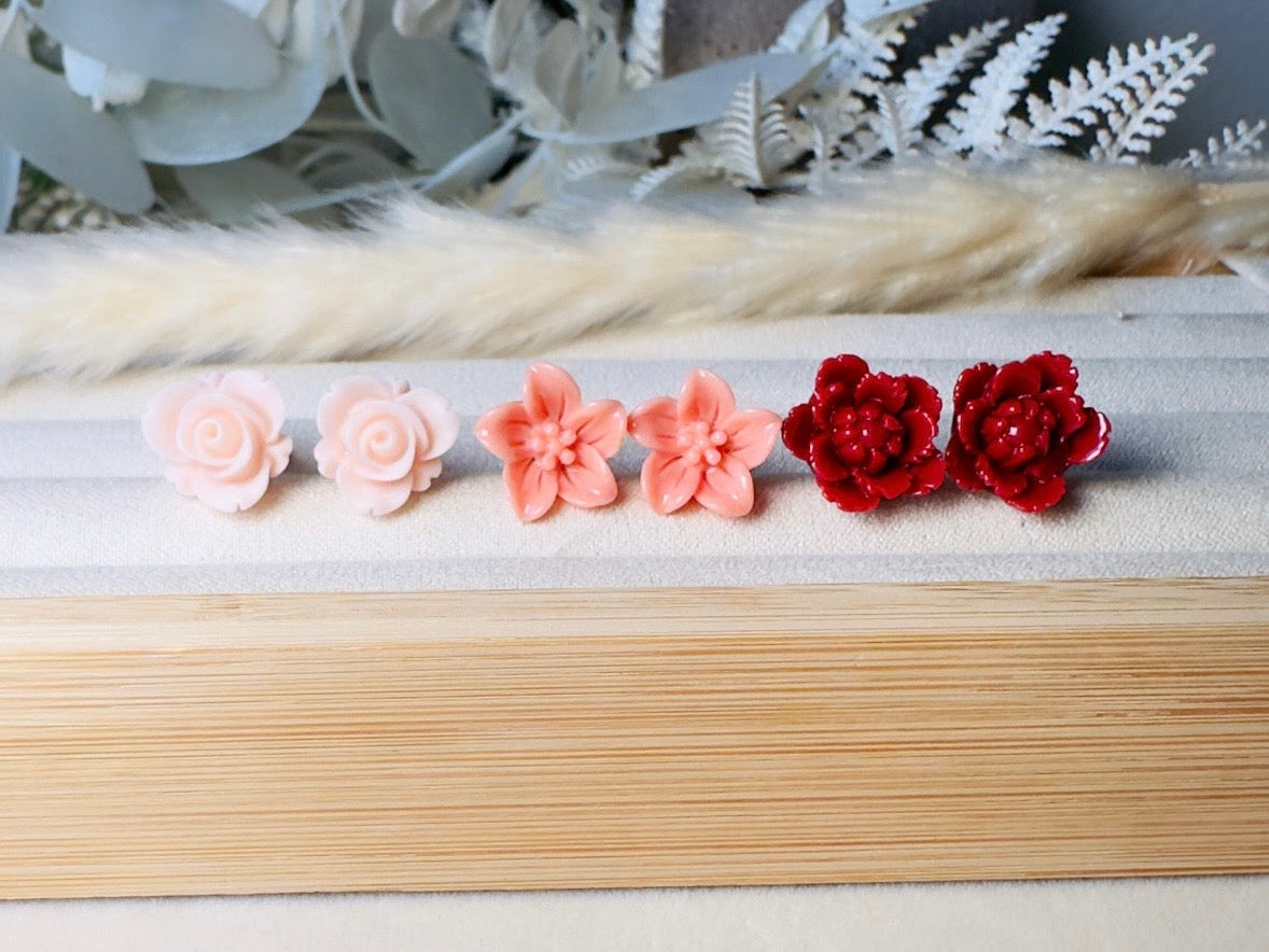 Flower Earrings Gift Set in Pink Peach and Red, Handmade Cherry Blossom Hypoallergenic Surgical Steel Post Earrings