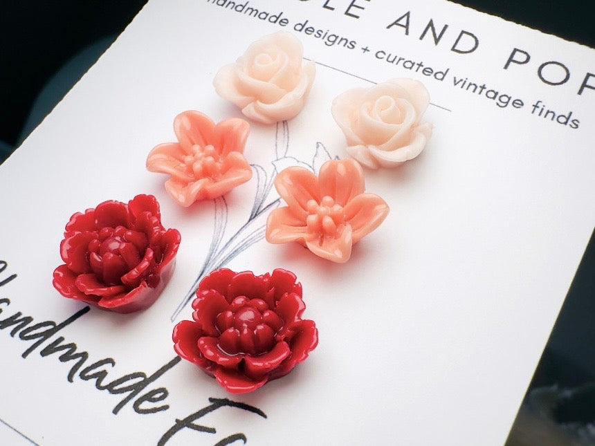 Flower Earrings Gift Set in Pink Peach and Red, Handmade Cherry Blossom Hypoallergenic Surgical Steel Post Earrings