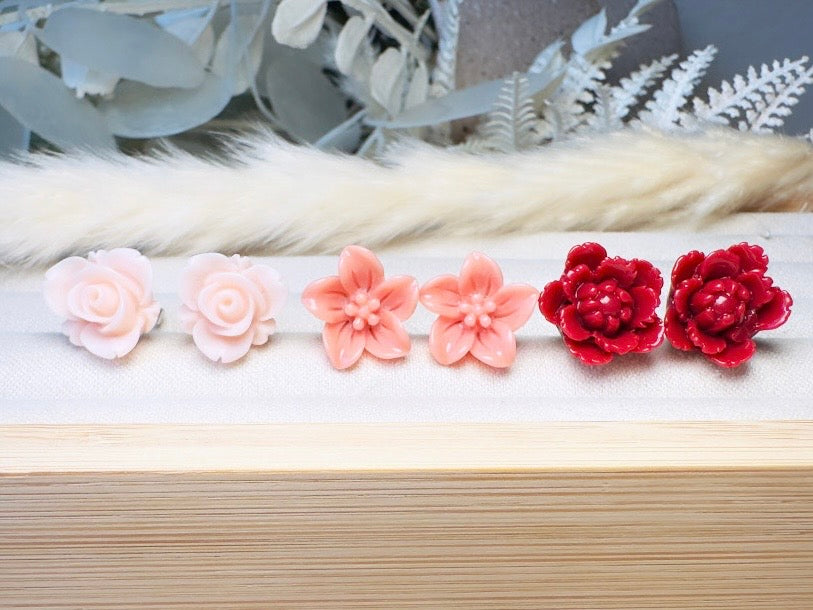 Flower Earrings Gift Set in Pink Peach and Red, Handmade Cherry Blossom Hypoallergenic Surgical Steel Post Earrings
