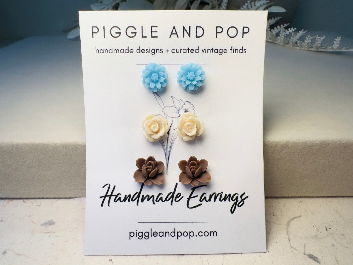 Flower Earrings Set in Blue Cream and Brown, Handmade Cute Floral Resin Stud Earrings