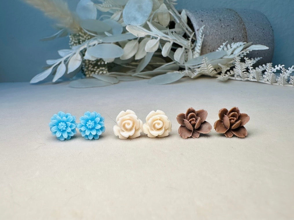Flower Earrings Set in Blue Cream and Brown, Handmade Cute Floral Resin Stud Earrings