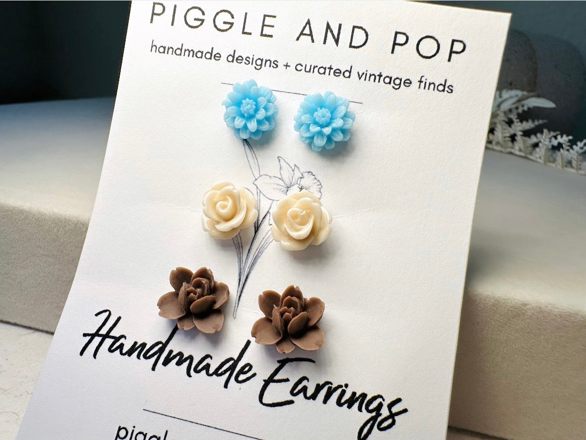 Flower Earrings Set in Blue Cream and Brown, Handmade Cute Floral Resin Stud Earrings