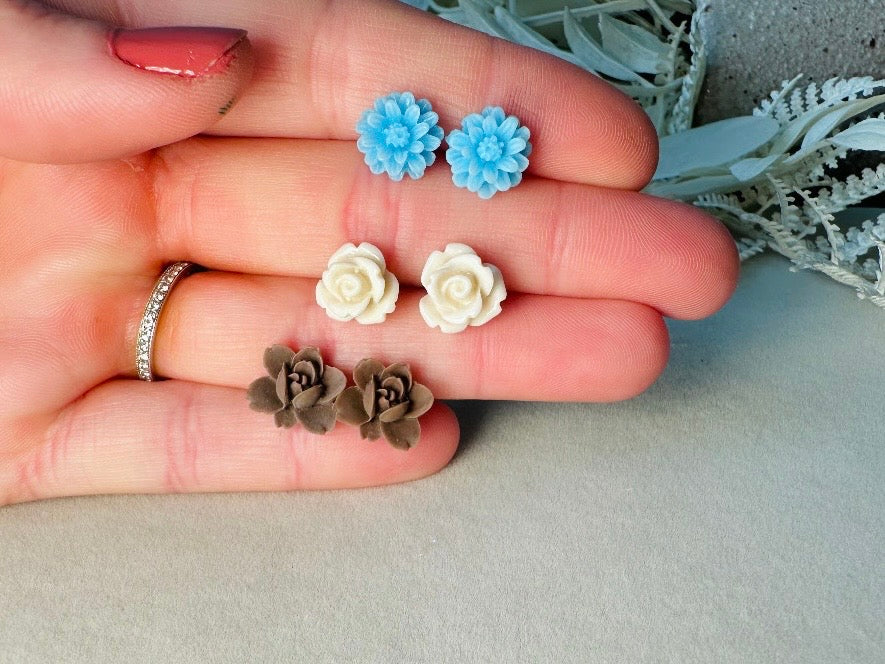 Flower Earrings Set in Blue Cream and Brown, Handmade Cute Floral Resin Stud Earrings