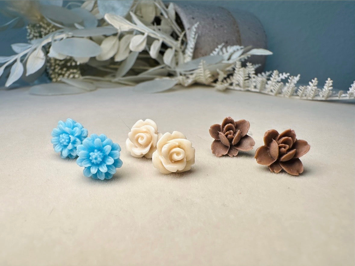 Flower Earrings Set in Blue Cream and Brown, Handmade Cute Floral Resin Stud Earrings