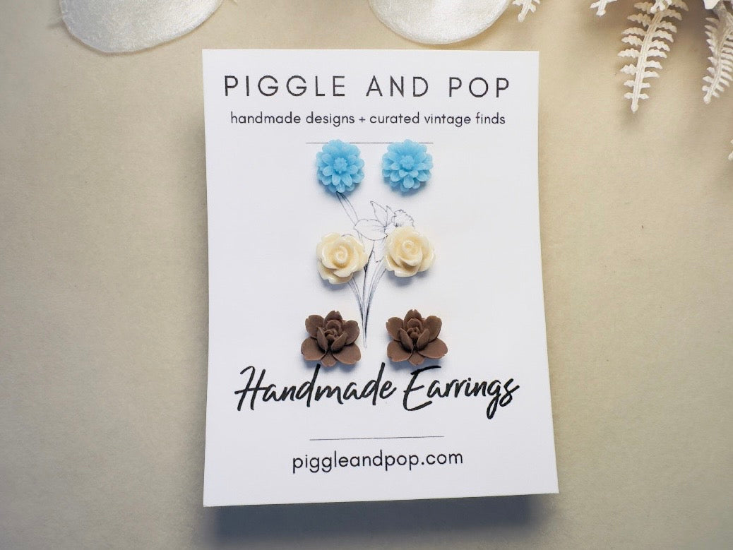 Flower Earrings Set in Blue Cream and Brown, Handmade Cute Floral Resin Stud Earrings