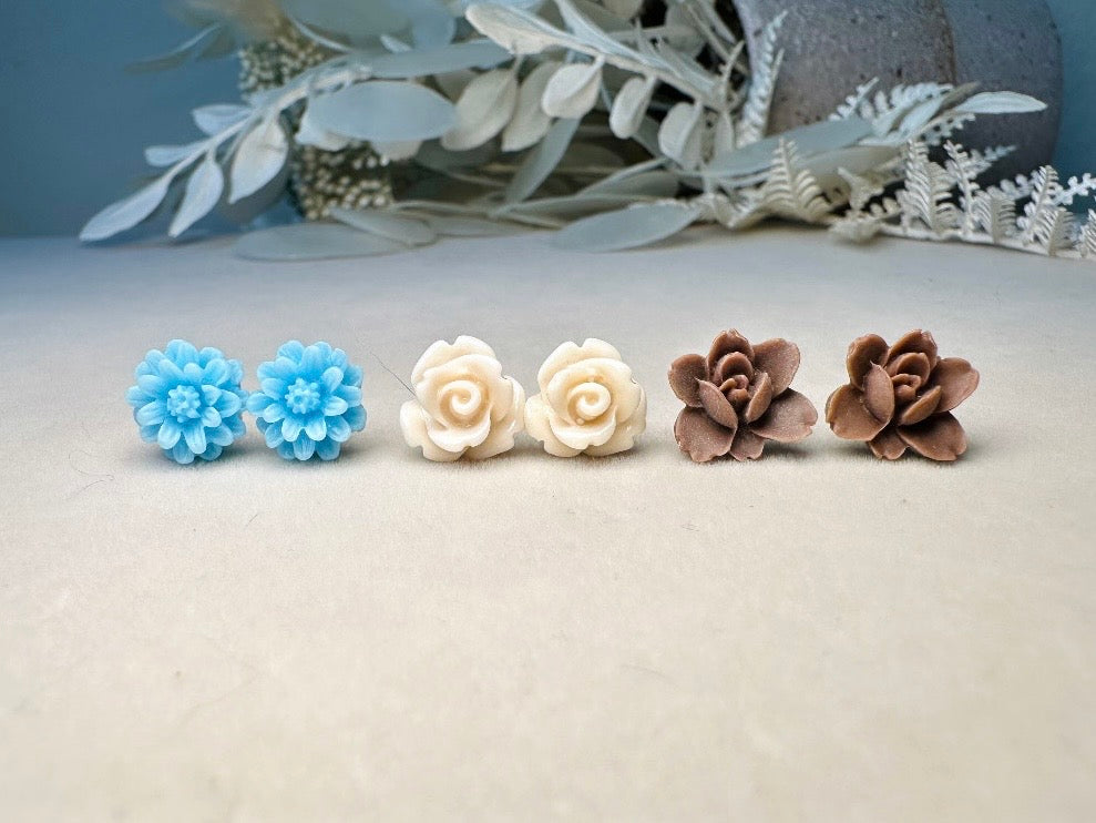 Flower Earrings Set in Blue Cream and Brown, Handmade Cute Floral Resin Stud Earrings