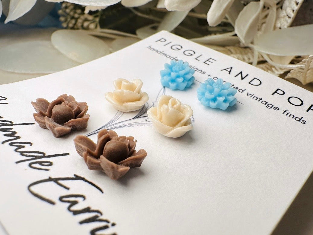 Flower Earrings Set in Blue Cream and Brown, Handmade Cute Floral Resin Stud Earrings