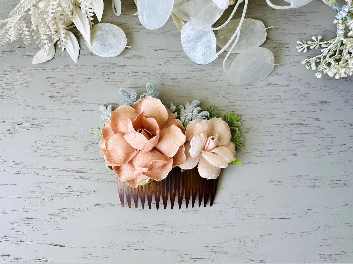 Flower Hair Comb, Handmade Bridal Hair Comb, Ethereal Cream and Sage Green Woodland Boho Hair Flowers by Piggle and Pop top view