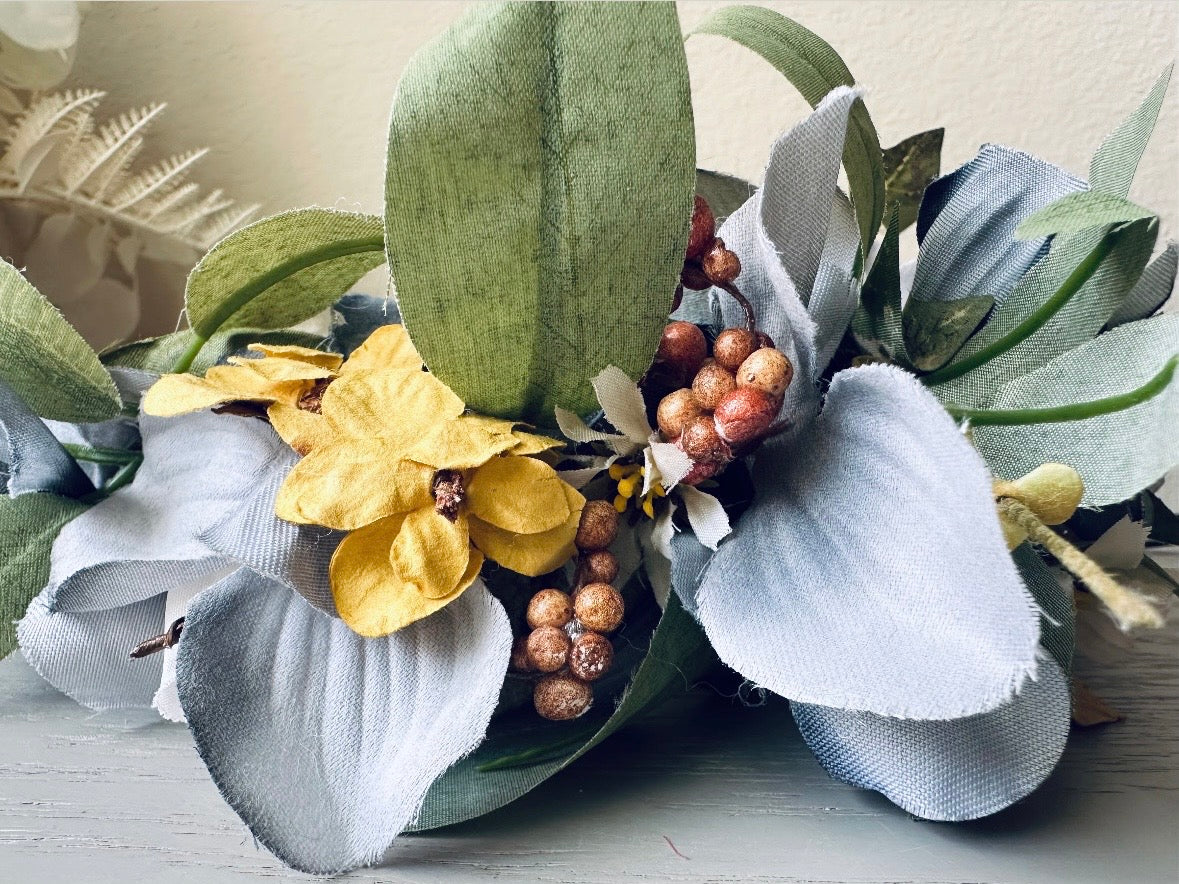 Flower Hair Crown, Handmade Rustic Woodland Faerie Floral Hair Accessories, Grey Gold and Orange Hair Wreath
