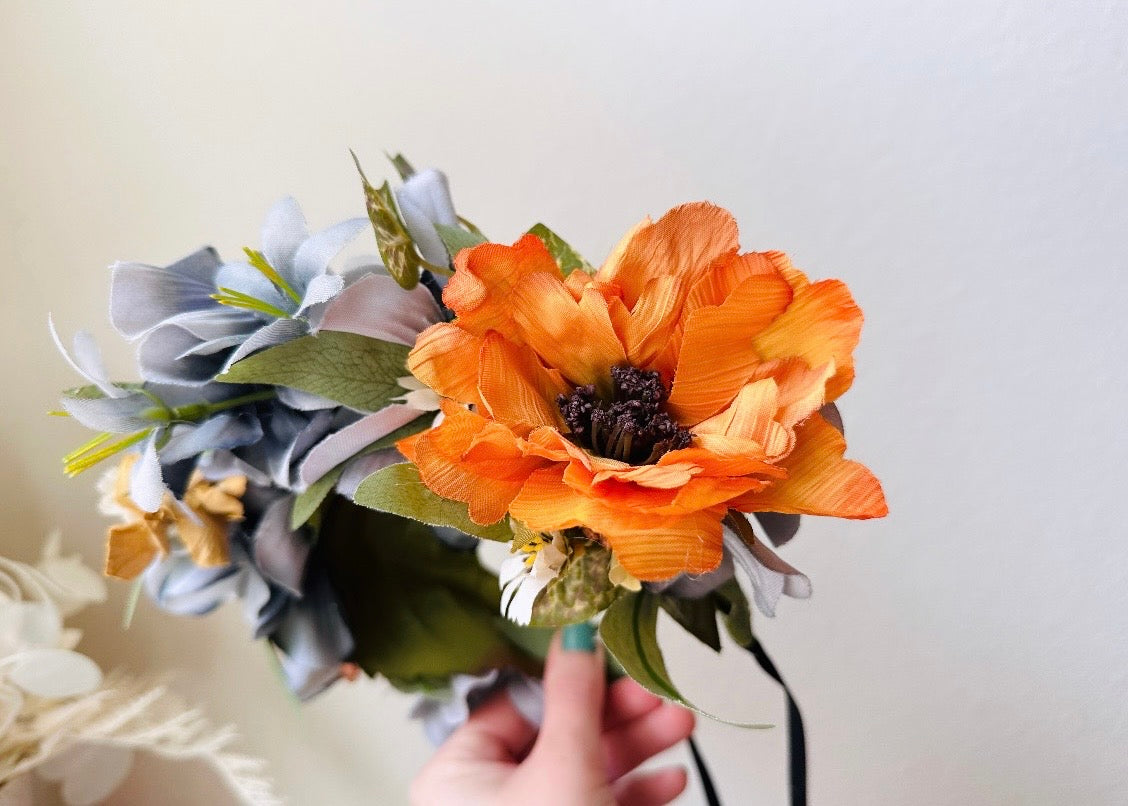 Flower Hair Crown, Handmade Rustic Woodland Faerie Floral Hair Accessories, Grey Gold and Orange Hair Wreath close up