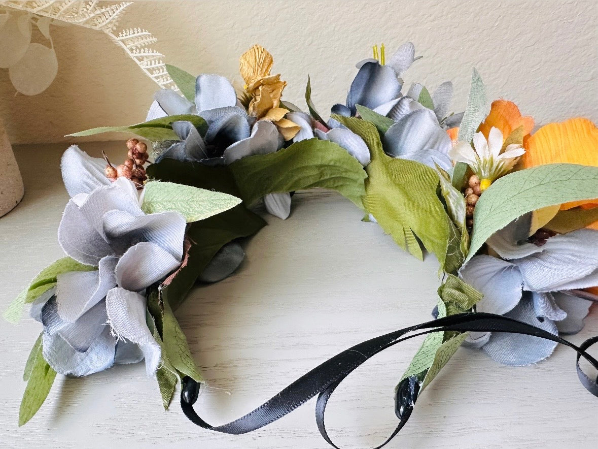 Flower Hair Crown, Handmade Rustic Woodland Faerie Floral Hair Accessories, Grey Gold and Orange Hair Wreath headband