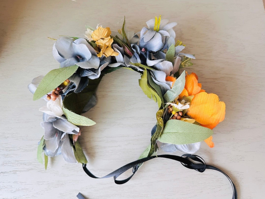 top view Flower Hair Crown, Handmade Rustic Woodland Faerie Floral Hair Accessories, Grey Gold and Orange Hair Wreath