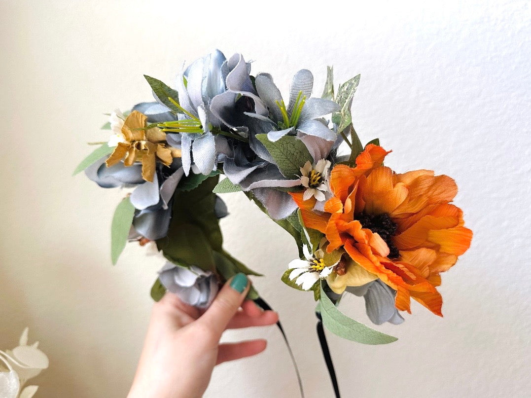 Flower Hair Crown, Handmade Rustic Woodland Faerie Floral Hair Accessories, Grey Gold and Orange Hair Wreath orange