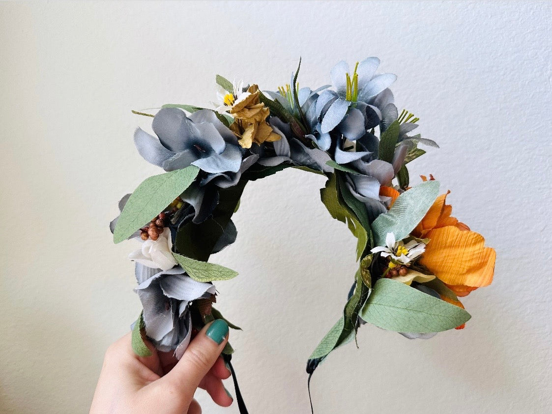 Flower Hair Crown, Handmade Rustic Woodland Faerie Floral Hair Accessories, Grey Gold and Orange Hair Wreath back