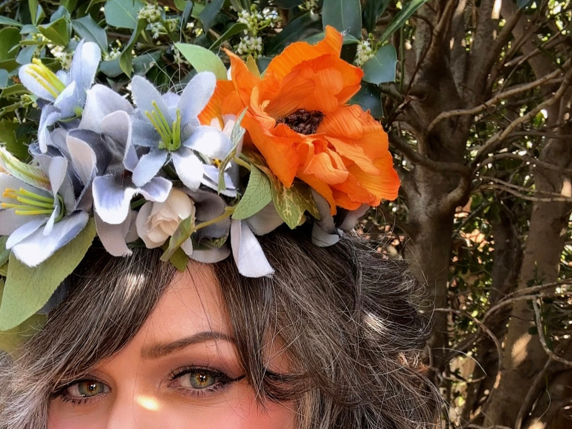 Flower Hair Crown, Handmade Rustic Woodland Faerie Floral Hair Accessories, Grey Gold and Orange Hair Wreath, Summer Festivals Weddings