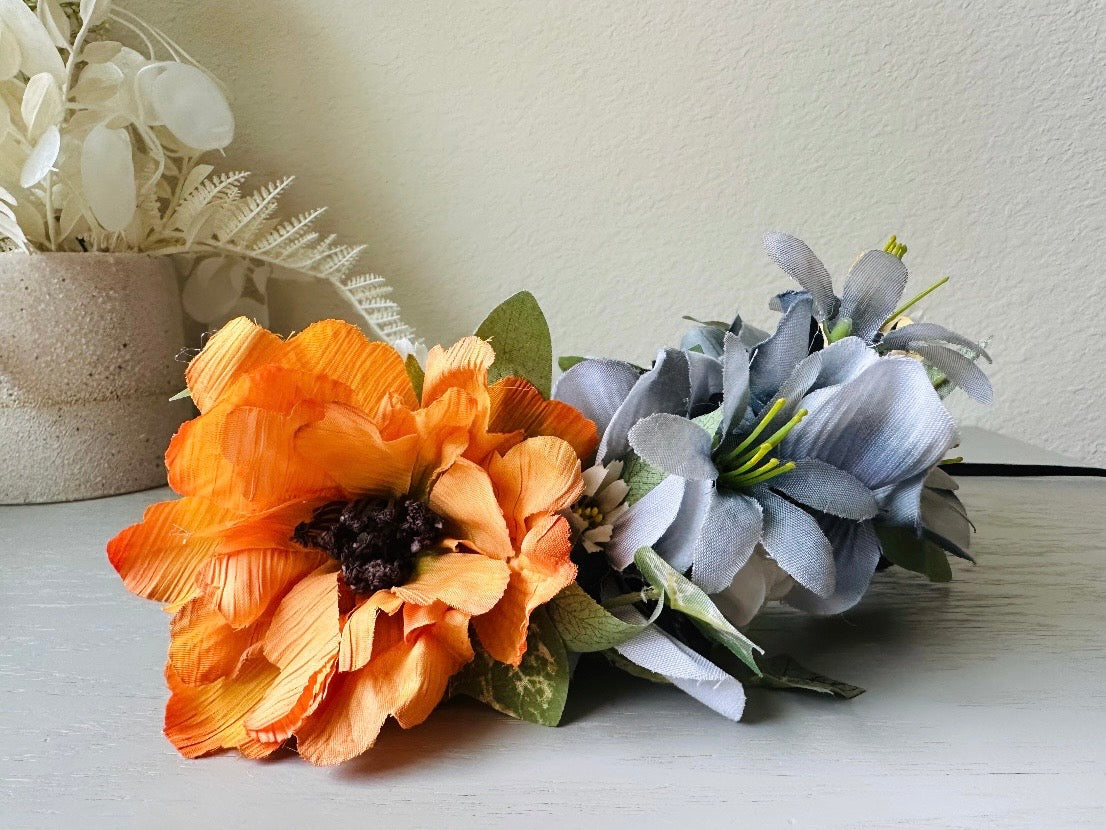 Flower Hair Crown, Handmade Rustic Woodland Faerie Floral Hair Accessories, Grey Gold and Orange Hair Wreath by Piggle and Pop 