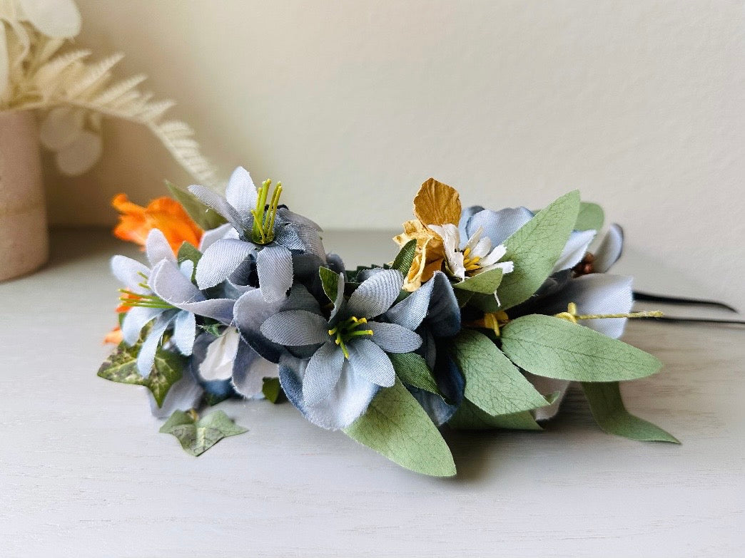 Flower Hair Crown, Handmade Rustic Woodland Faerie Floral Hair Accessories, Grey Gold and Orange Hair Wreath by Piggle and Pop  close up