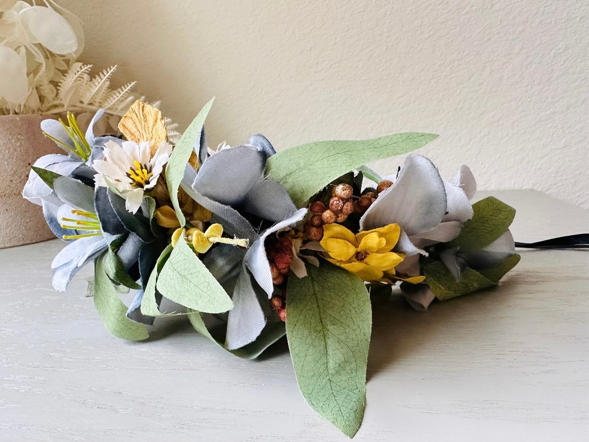 Flower Hair Crown, Handmade Rustic Woodland Faerie Floral Hair Accessories, Grey Gold and Orange Hair Wreath by Piggle and Pop  side