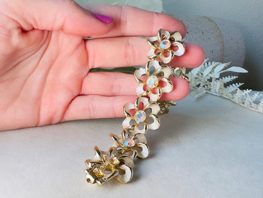 Flower Link Bracelet with Crystals, Romantic Vintage 60s Pearl Enamel Bracelet