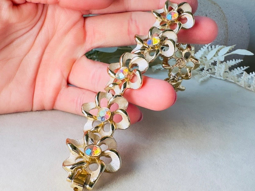 Flower Link Bracelet with Crystals, Romantic Vintage 60s Pearl Enamel Bracelet