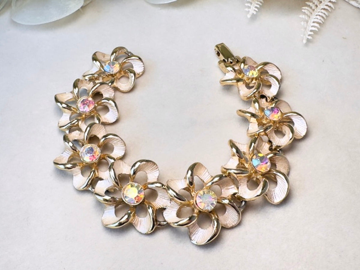 Flower Link Bracelet with Crystals, Romantic Vintage 60s Pearl Enamel Bracelet