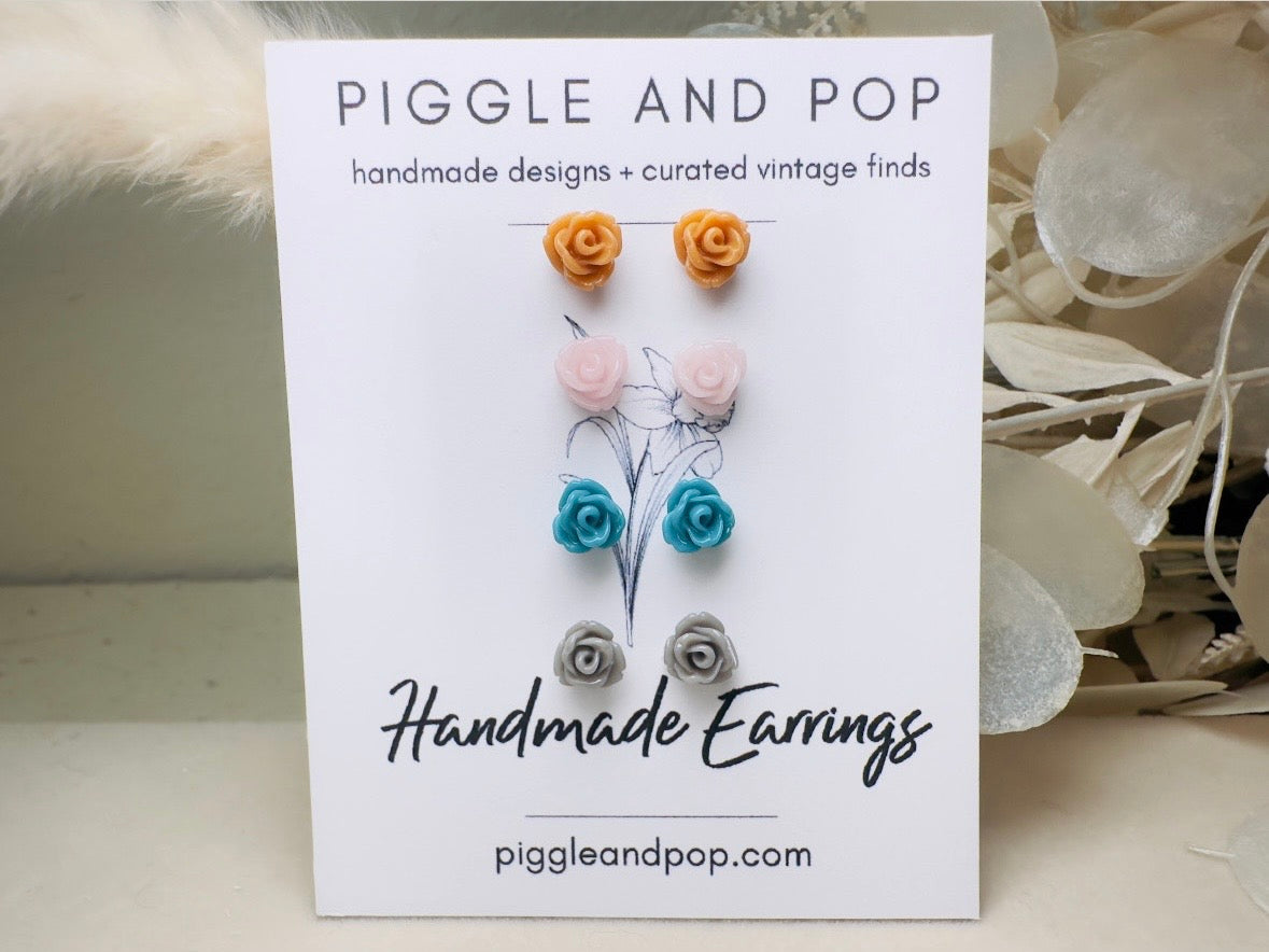 Flower Stud Earring Gift Set in Blue, Pink, Caramel and Gray, Cute Hypoallergenic Post Floral Resin Rose Earrings for Sensitive Ears