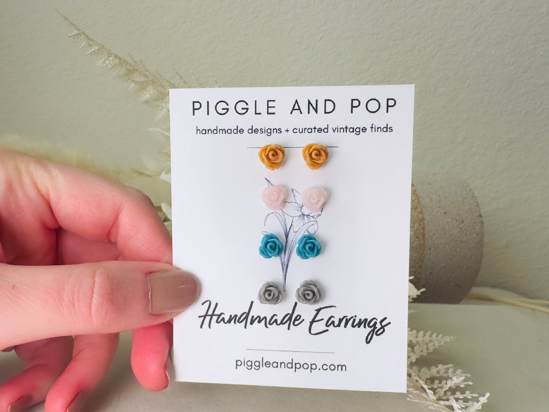 Flower Stud Earring Gift Set in Blue, Pink, Caramel and Gray, Cute Hypoallergenic Post Floral Resin Rose Earrings for Sensitive Ears