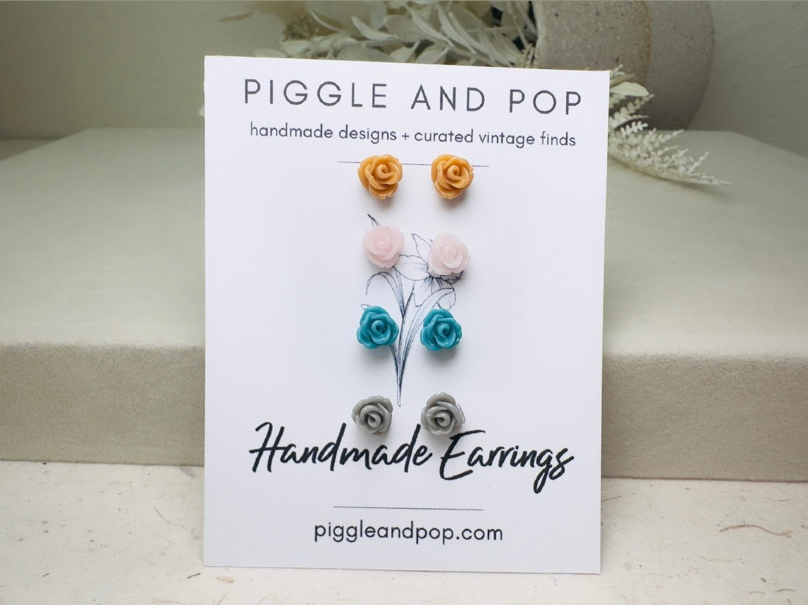 Flower Stud Earring Gift Set in Blue, Pink, Caramel and Gray, Cute Hypoallergenic Post Floral Resin Rose Earrings for Sensitive Ears
