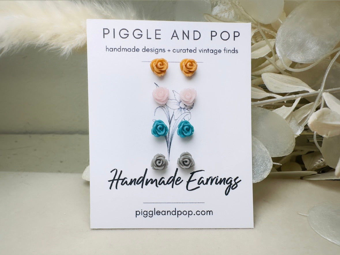 Flower Stud Earring Gift Set in Blue, Pink, Caramel and Gray, Cute Hypoallergenic Post Floral Resin Rose Earrings for Sensitive Ears