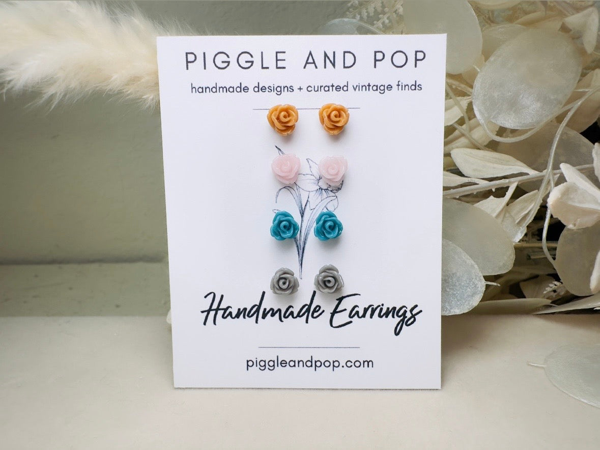 Flower Stud Earring Gift Set in Blue, Pink, Caramel and Gray, Cute Hypoallergenic Post Floral Resin Rose Earrings for Sensitive Ears