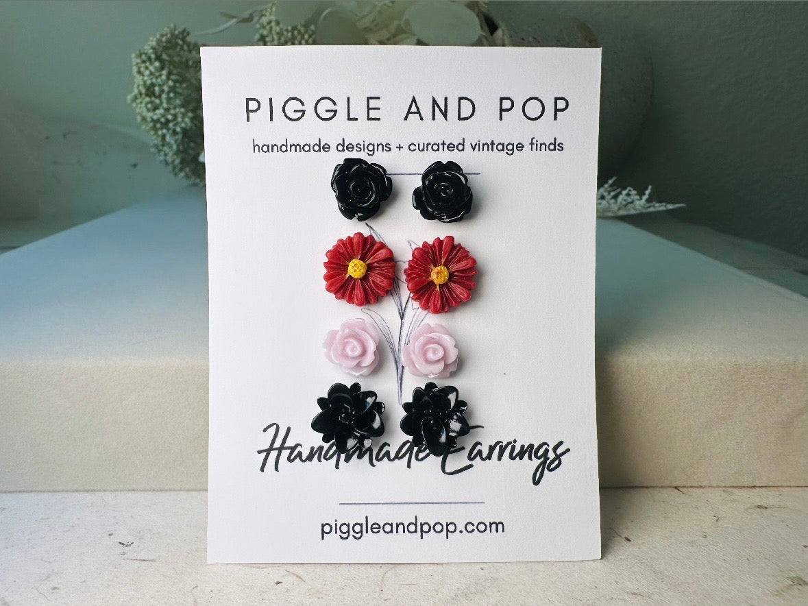 Flower Stud Earrings Gift Set in Black, Maroon and Lilac