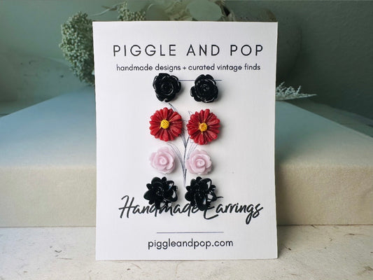 Flower Stud Earrings Gift Set in Black, Maroon and Lilac