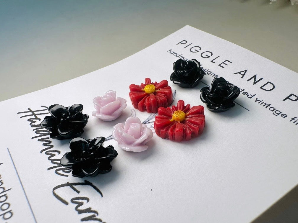 Flower Stud Earrings Gift Set in Black, Maroon and Lilac