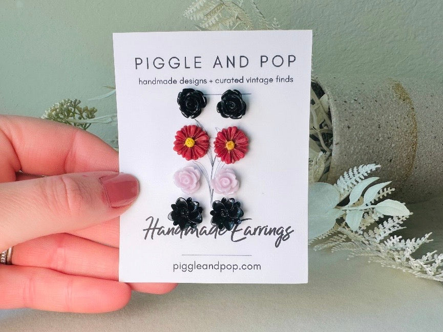 Flower Stud Earrings Gift Set in Black, Maroon and Lilac