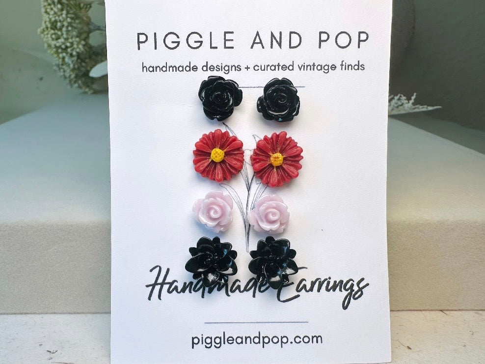 Flower Stud Earrings Gift Set in Black, Maroon and Lilac
