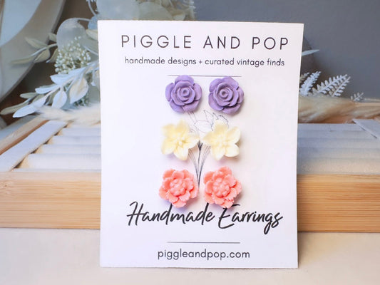 Flower Stud Earrings Gift Set in Pink, Cream and Purple, Handmade Pastel Hypoallergenic Surgical Steel Post Earrings
