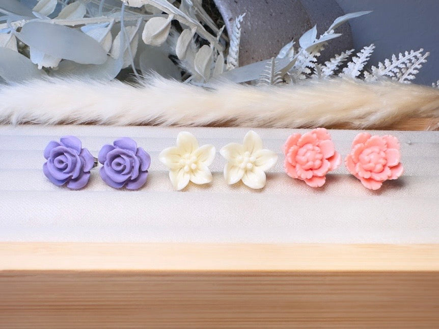 Flower Stud Earrings Gift Set in Pink, Cream and Purple, Handmade Pastel Hypoallergenic Surgical Steel Post Earrings