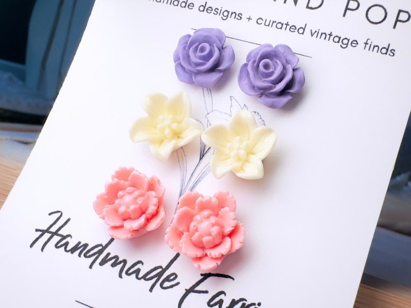 Flower Stud Earrings Gift Set in Pink, Cream and Purple, Handmade Pastel Hypoallergenic Surgical Steel Post Earrings
