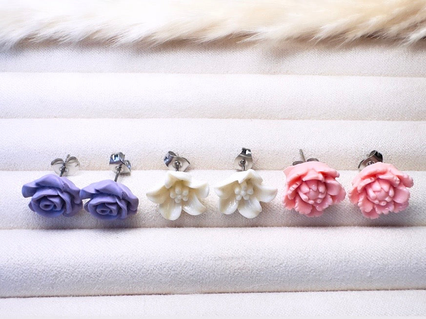 Flower Stud Earrings Gift Set in Pink, Cream and Purple, Handmade Pastel Hypoallergenic Surgical Steel Post Earrings
