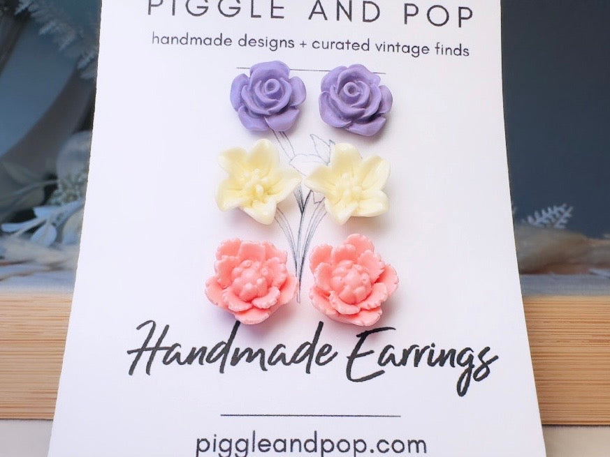 Flower Stud Earrings Gift Set in Pink, Cream and Purple, Handmade Pastel Hypoallergenic Surgical Steel Post Earrings