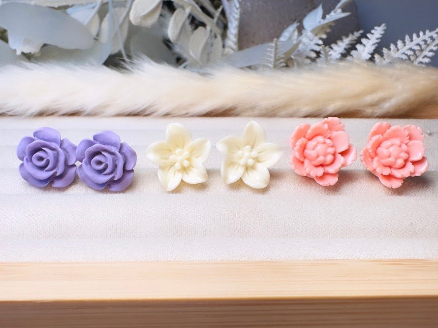 Flower Stud Earrings Gift Set in Pink, Cream and Purple, Handmade Pastel Hypoallergenic Surgical Steel Post Earrings