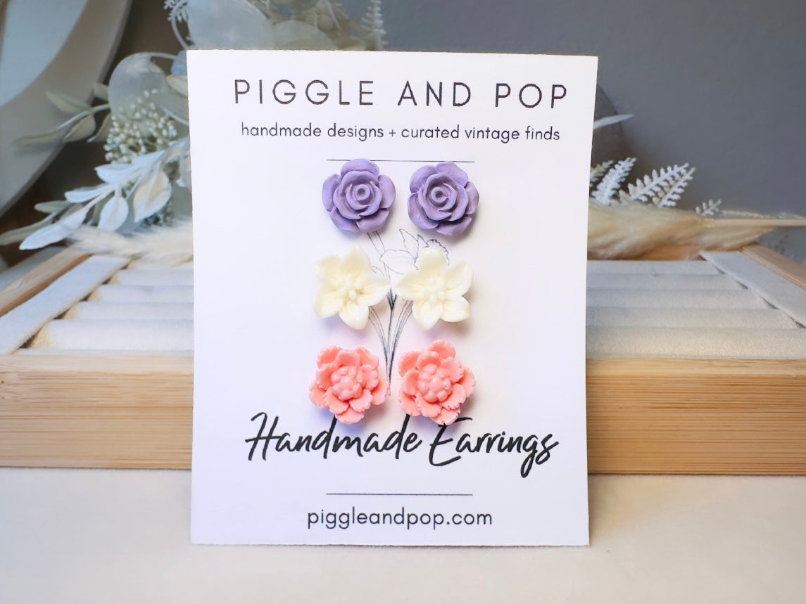 Flower Stud Earrings Gift Set in Pink, Cream and Purple, Handmade Pastel Hypoallergenic Surgical Steel Post Earrings